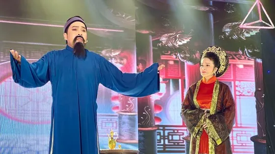 Thí sinh Nguyễn Thanh Ly thi diễn trích đoạn Trời Nam với sự hỗ trợ của NSƯT Lê Hồng Thắm. Ảnh: THÚY BÌNH Thí sinh Nguyễn Thanh Ly thi diễn trích đoạn Trời Nam với sự hỗ trợ của NSƯT Lê Hồng Thắm. Ảnh: THÚY BÌNH