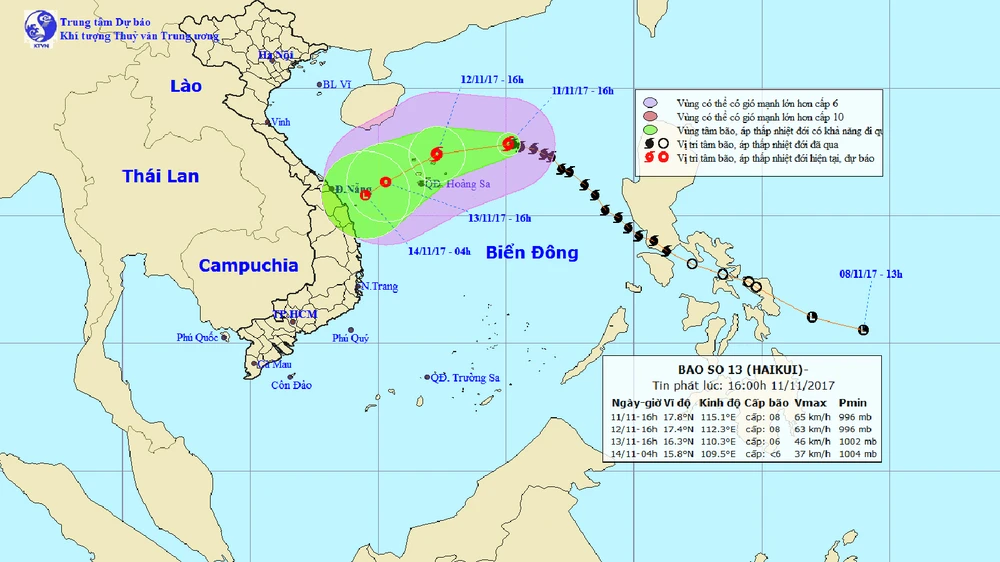 Vị trí và đường đi của bão số 13 tính tới 16 giờ chiều 11-11. Ảnh: TTDBKTTVTƯ
