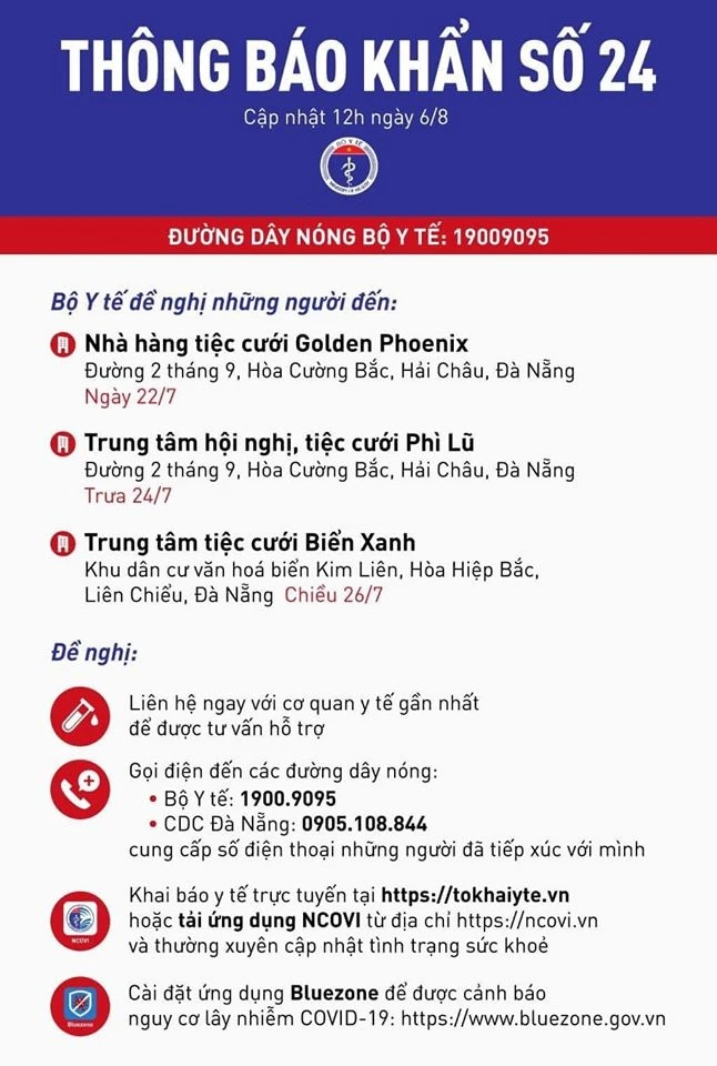 Bộ Y tế thông báo khẩn về bệnh nhân Covid-19 tới 3 nhà hàng tiệc cưới