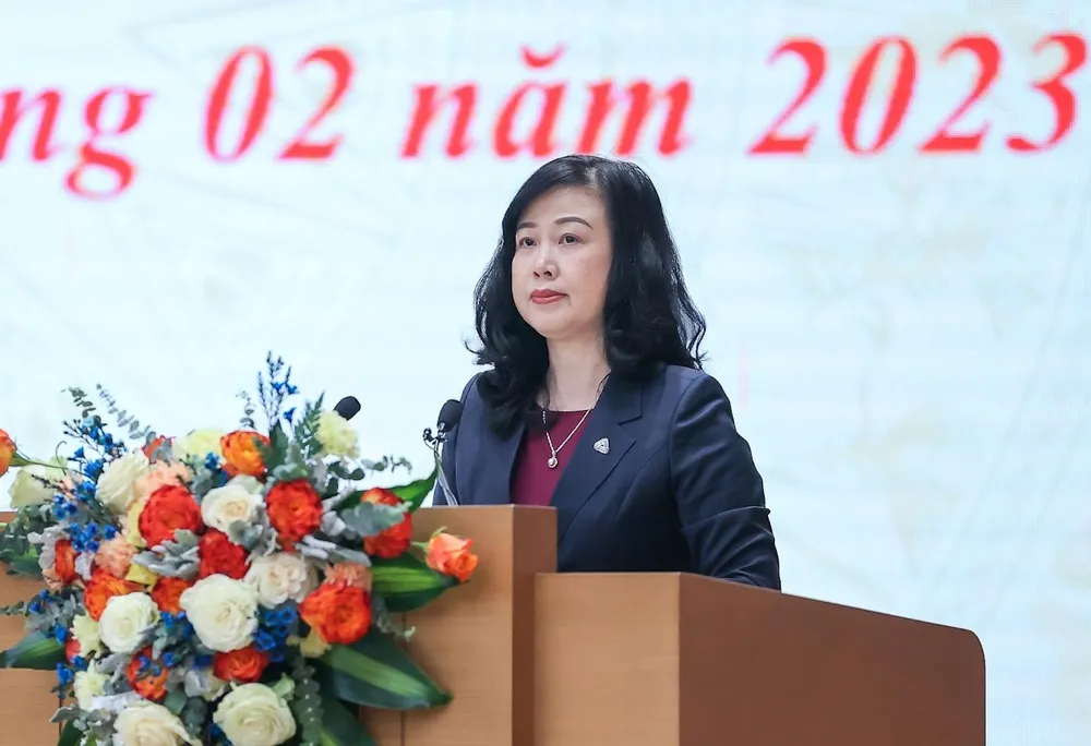 Bộ trưởng Bộ Y tế Đào Hồng Lan báo cáo tại hội nghị. Ảnh: VIẾT CHUNG