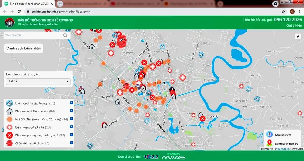 Bản đồ thông tin dịch tễ Covid-19 Hà Tĩnh được truy cập tại địa chỉ https://covidmaps.hatinh.gov.vn/.