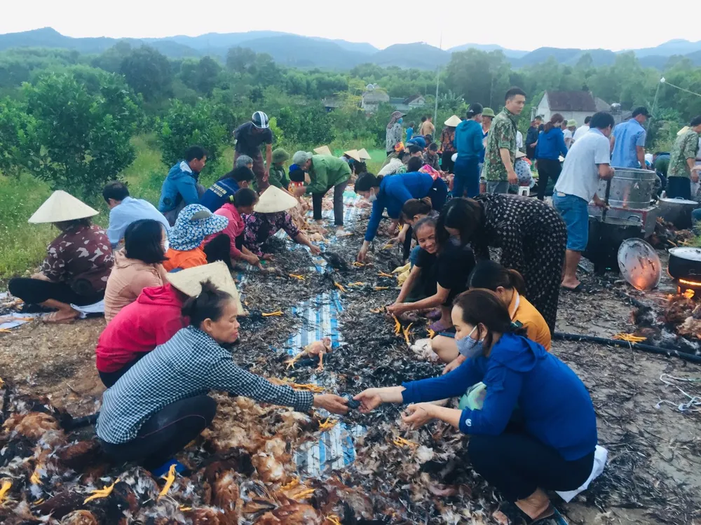 Người dân sơ chế số gà giúp tiêu thụ giảm thiểu thiệt hại