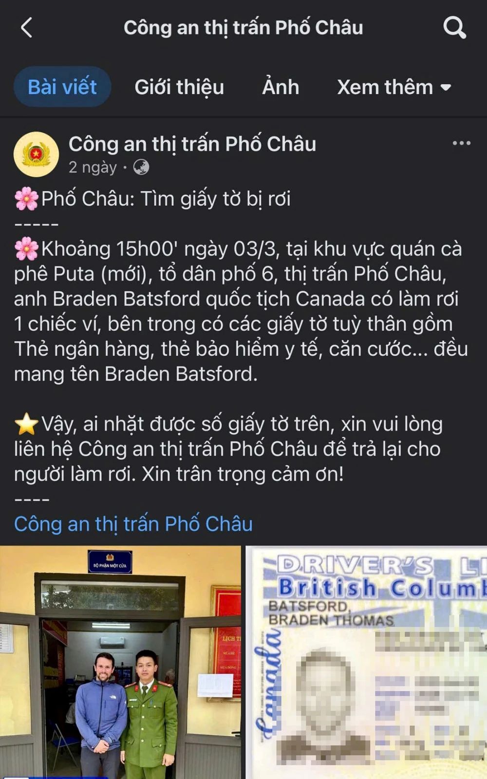 Công an thị trấn Phố Châu đăng thông tin tìm giấy tờ anh Braden Thomas Batsford đánh rơi trên Fanpage z6382490769593_727433ae3fa85a76ddcb5900819c6969.jpg