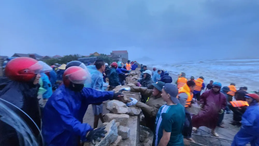 Hàng trăm người tham gia gia cố sạt lở kè biển Cẩm Nhượng