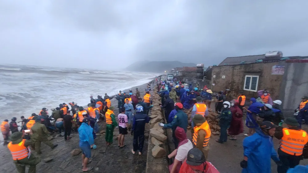 Hàng trăm người tham gia gia cố sạt lở kè biển Cẩm Nhượng