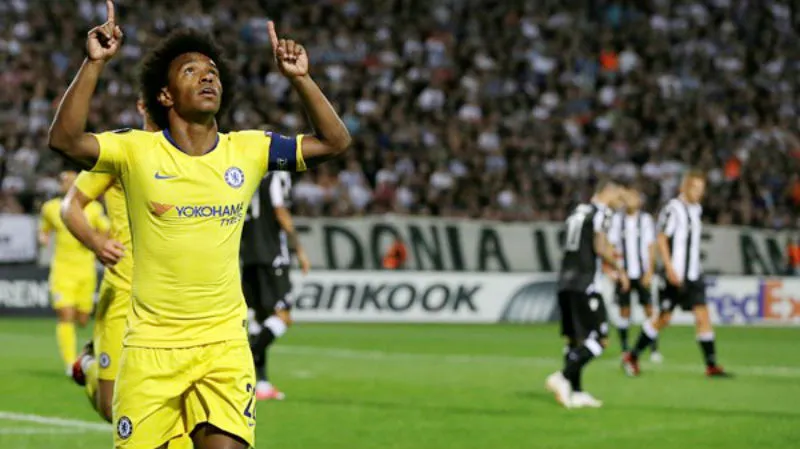 Willian mừng bàn thắng duy nhất cho Chelsea. Ảnh: Getty Images
