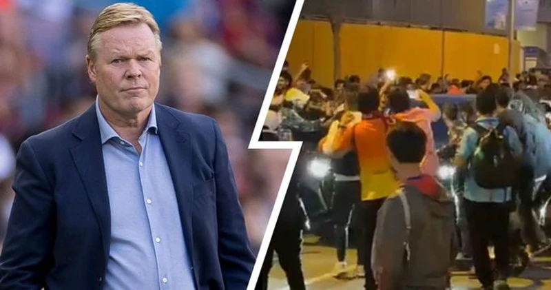 HLV Ronald Koeman bị bao vây khi rời sân Canp Nou.