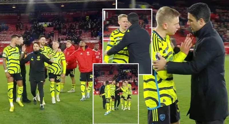 Oleksandr Zinchenko và Ben White tranh cãi cuối trận thắng 2-1 trên sân Nottingham Forest.