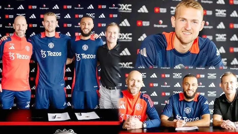 HLV Erik ten Hag chào đón 2 hậu vệ tân binh Noussair Mazraoui và Matthijs de Ligt. Man United.jpg