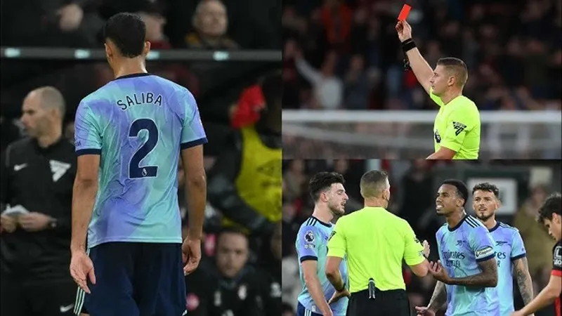 Trung vệ William Saliba nhận thẻ đỏ và Arsenal lần thứ 3 chơi thiếu người trong 8 trận mùa này. William Saliba.jpg