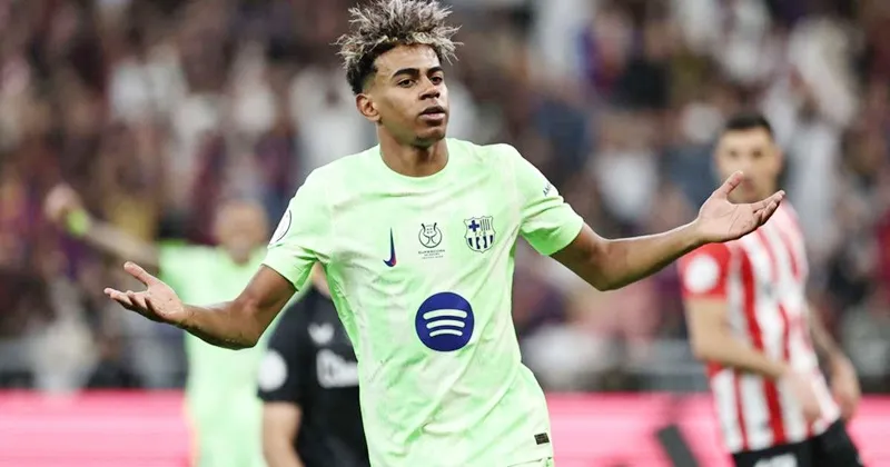 Lamine Yamal ấn định chiến thắng 2-0 trước Athletic Bilbao đưa Barcelona vào chung kết năm thứ 3 liên tiếp. Lamine Yamal.jpg
