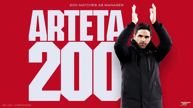 Tại Man.United vào Chủ nhật sẽ là trận đấu thứ 200 của HLV Mikel Arteta cùng Arsenal tại Premier League.