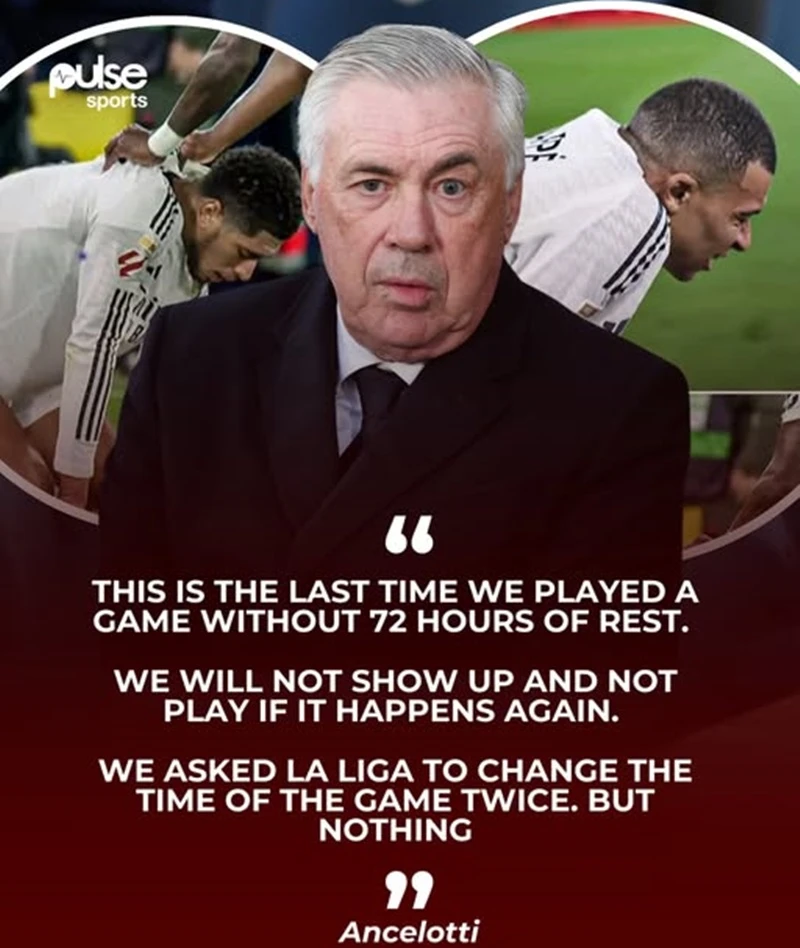 HLV Carlo Ancelotti xác nhận Real Madrid từ chối thi đấu nếu không được nghỉ tối thiểu 72 giờ giữa các trận đấu. Real Madrid.jpg