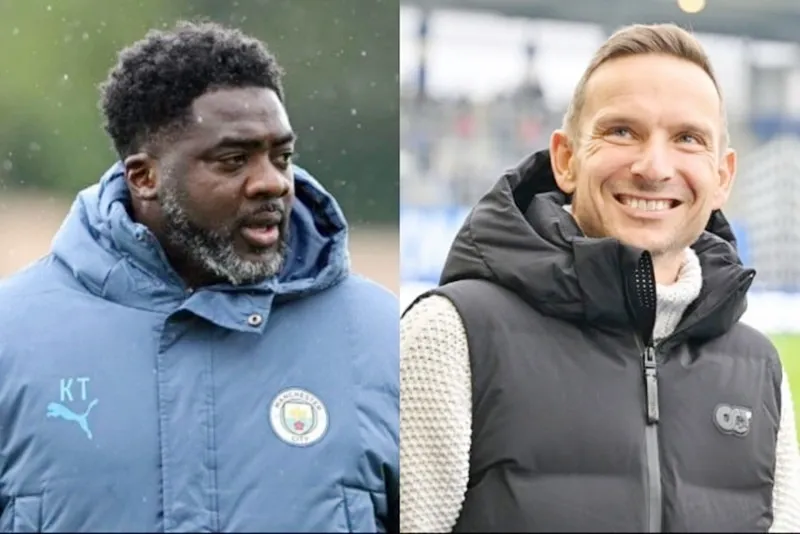 Kolo Toure và Pep Lijnders (phải) sẽ là những trợ lý mới của Guardiola ở mùa giải mới. Man City1.jpg