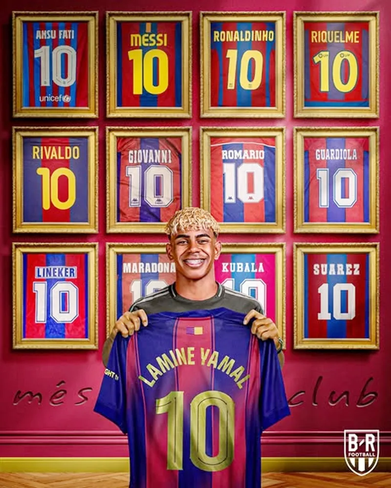 Yamal khoác cùng số áo với Diego Maradona, Ronaldinho và Lionel Messi từng mặc khi còn ở CLB xứ Catalan Lamine Yamal1.jpg