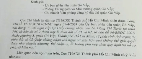 Cục THADS TPHCM gửi văn bản tới cơ quan chức năng quận Gò Vấp