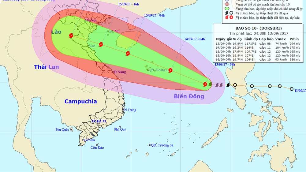 Hình ảnh vị trí và hướng đi của bão số 10. Nguồn TTDBKTTVTƯ