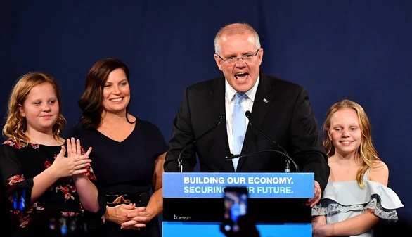 Ông Scott Morrison tuyên bố chiến thắng tại Sydney tối 18-5, giờ địa phương. Ảnh: REUTERS