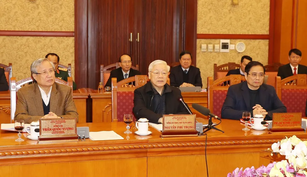 Tổng Bí thư, Chủ tịch nước Nguyễn Phú Trọng chủ trì họp Ban Bí thư đánh giá kết quả thực hiện Chỉ thị 40 của Ban Bí thư về tổ chức Tết Canh Tý 2020; xem xét, quyết định về công tác cán bộ. Ảnh: TTXVN