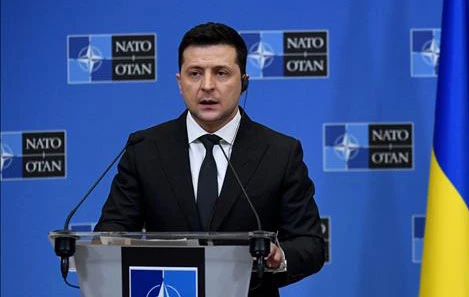 Tổng thống Ukraine Volodymyr Zelensky phát biểu trong một cuộc họp báo ở Brussels, Bỉ. Nguồn: TTXVN