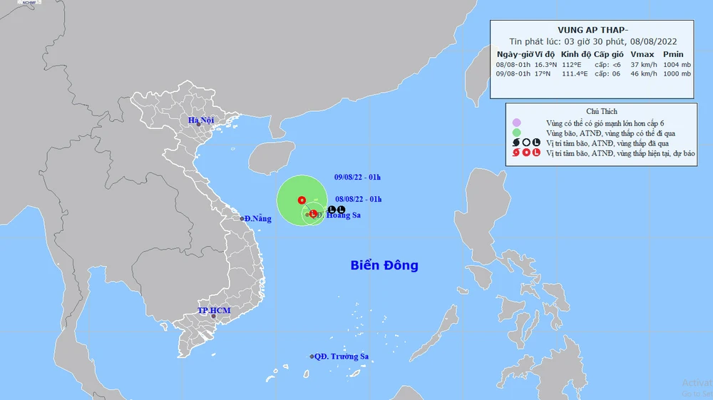 Theo Trung tâm Dự báo Khí tượng Thủy văn Quốc gia, vùng áp thấp có khả năng mạnh lên thành áp thấp nhiệt đới trên Biển Đông trong 24 giờ tới. Nguồn: TTDBKTTVQG