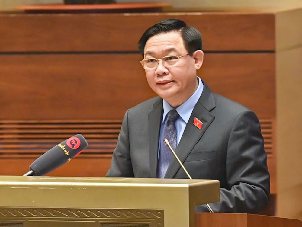 Chủ tịch Quốc hội Vương Đình Huệ phát biểu tại hội nghị triển khai thực hiện chương trình giám sát của Quốc hội và Ủy ban Thường vụ Quốc hội. Ảnh: VIẾT CHUNG
