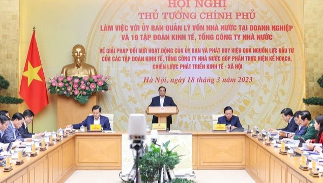 Thủ tướng chủ trì hội nghị với Ủy ban Quản lý vốn nhà nước tại doanh nghiệp và 19 tập đoàn, tổng công ty. Ảnh: VIẾT CHUNG