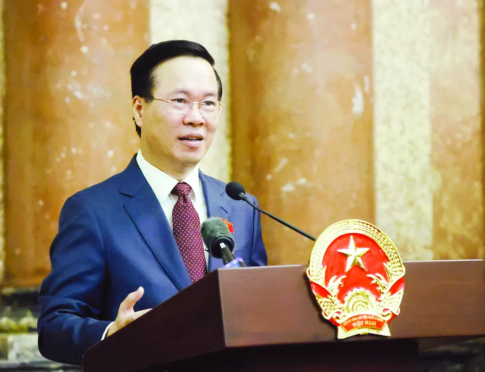 Chủ tịch nước Võ Văn Thưởng, Chủ tịch danh dự Hội Chữ thập đỏ Việt Nam, phát biểu tại buổi tiếp các đại biểu là lãnh đạo của Phong trào Chữ thập đỏ và Trăng lưỡi liềm đỏ quốc tế. Ảnh: TTXVN