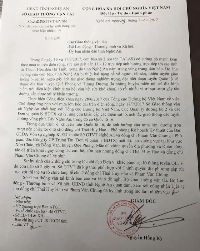Đề nghị công nhận liệt sĩ cho 2 cán bộ giao thông ảnh 1 Đề nghị công nhận liệt sĩ cho 2 cán bộ giao thông ảnh 1
