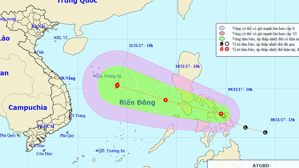 Vị trí và đường đi của áp thấp nhiệt đới. Ảnh: TTDBKTTVTƯ