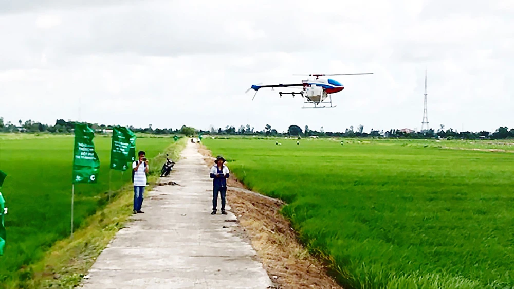 Máy bay không người lái bay trình diễn phun thuốc