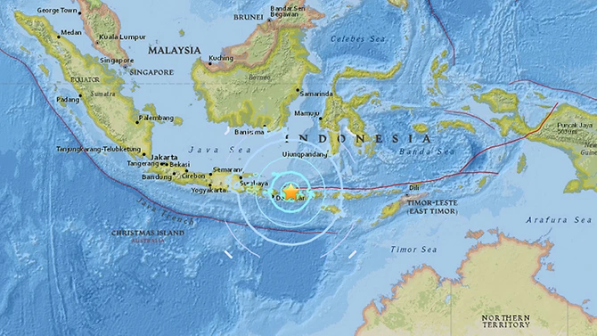 Trận động đất 6,3 độ Richter có tâm chấn sâu 7,9 km ở phía Tây-Tây Nam thị trấn Belanting ở huyện Đông Lombok, Indonesia, ngày 19-8-2018. Nguồn: USGS