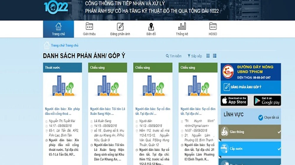 Cổng thông tin tiếp nhận và xử lý phản ánh sự cố hạ tầng kỹ thuật đô thị trên địa bàn TPHCM