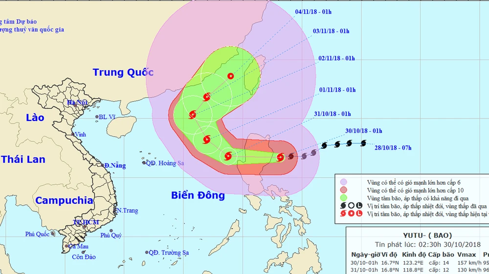 Vị trí và đường đi của bão Yutu. Ảnh: TTDBKTTVTW