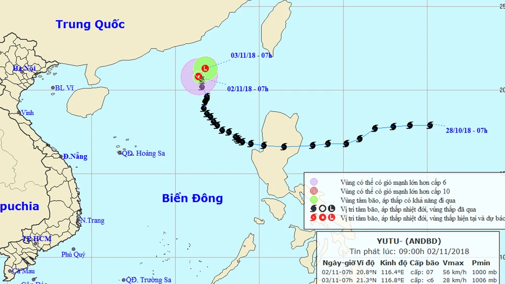 Vị trí và đường đi của bão số 7. Ảnh: TTDBKTTVTW