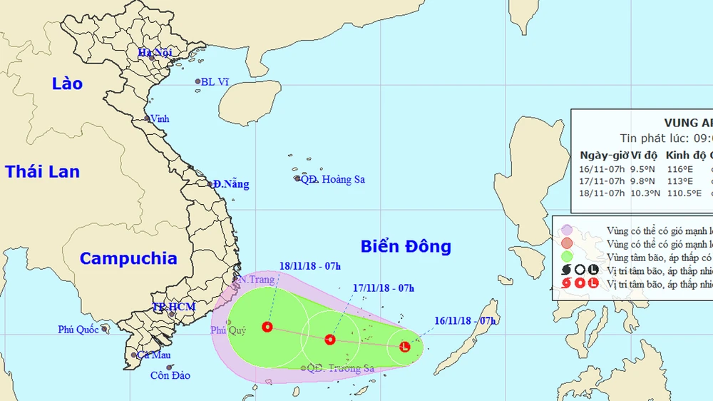 Vị trí và đường đi của vùng áp thấp. Ảnh: TTDBKTTVTW