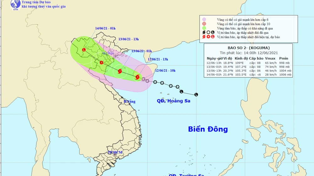 Vị trí và đường đi của bão số 2. Ảnh: TTDBKTTVTW