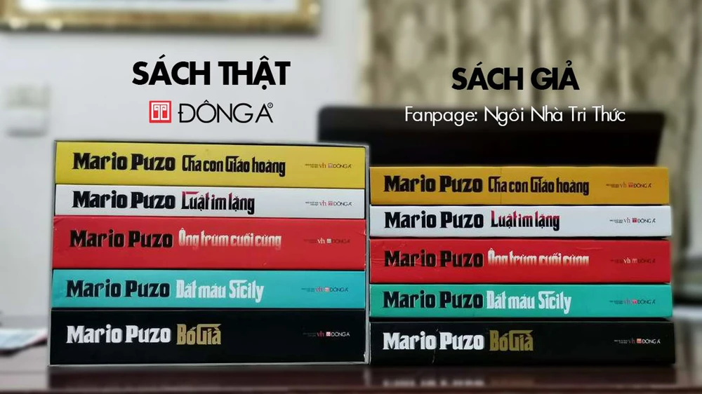 Bộ sách Mario Puzo do Đông A phát hành có kèm hộp. Đơn vị bán sách giả Ngôi nhà tri thức không có boxset, chỉ bọc màng co, tất cả bìa của 5 cuốn đều ghi thông tin phát hành của Đông A. Nguồn: sachdonga