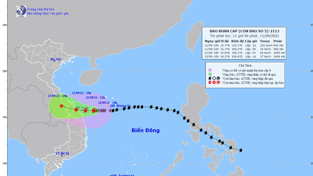 Vị trí và đường đi của bão số 5. ẢNh: TTDBKTTVTW