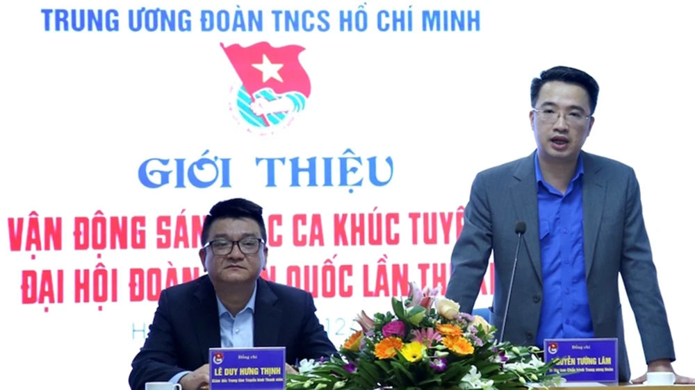 Bí thư Trung ương Đoàn Nguyễn Tường Lâm thông tin với báo chí về Cuộc vận động sáng tác ca khúc tuyên truyền cho Đại hội Đoàn toàn quốc lần thứ XII. Ảnh: Đangcongsan