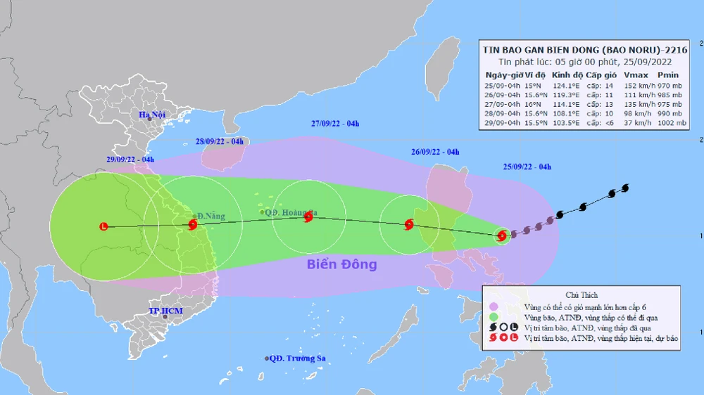 Vị trí và đường đi của bão Noru. Ảnh: TTDBKTTVTW