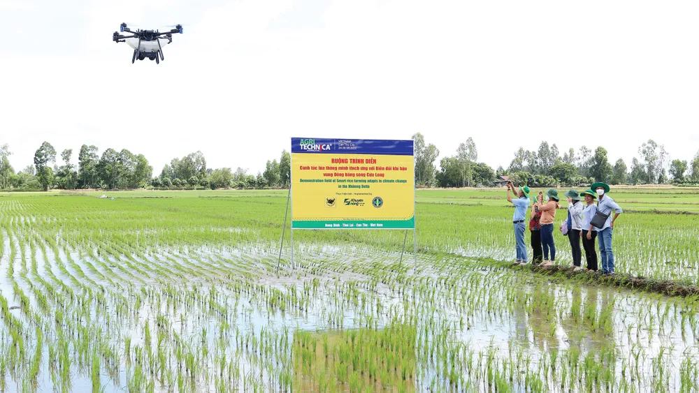 Nông dân áp dụng công nghệ mới vào sản xuất, không còn chân lấm, tay bùn trên đồng ruộng. Ảnh: THANH HẢI
