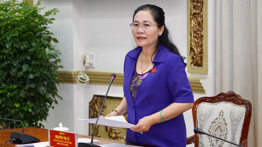 Phó Bí thư Thành ủy TPHCM, Chủ tịch HĐND TPHCM Nguyễn Thị Lệ phát biểu kết luận tại buổi giám sát. Ảnh: HOÀNG HÙNG Phó Bí thư Thành ủy TPHCM, Chủ tịch HĐND TPHCM Nguyễn Thị Lệ phát biểu kết luận tại buổi giám sát. Ảnh: HOÀNG HÙNG