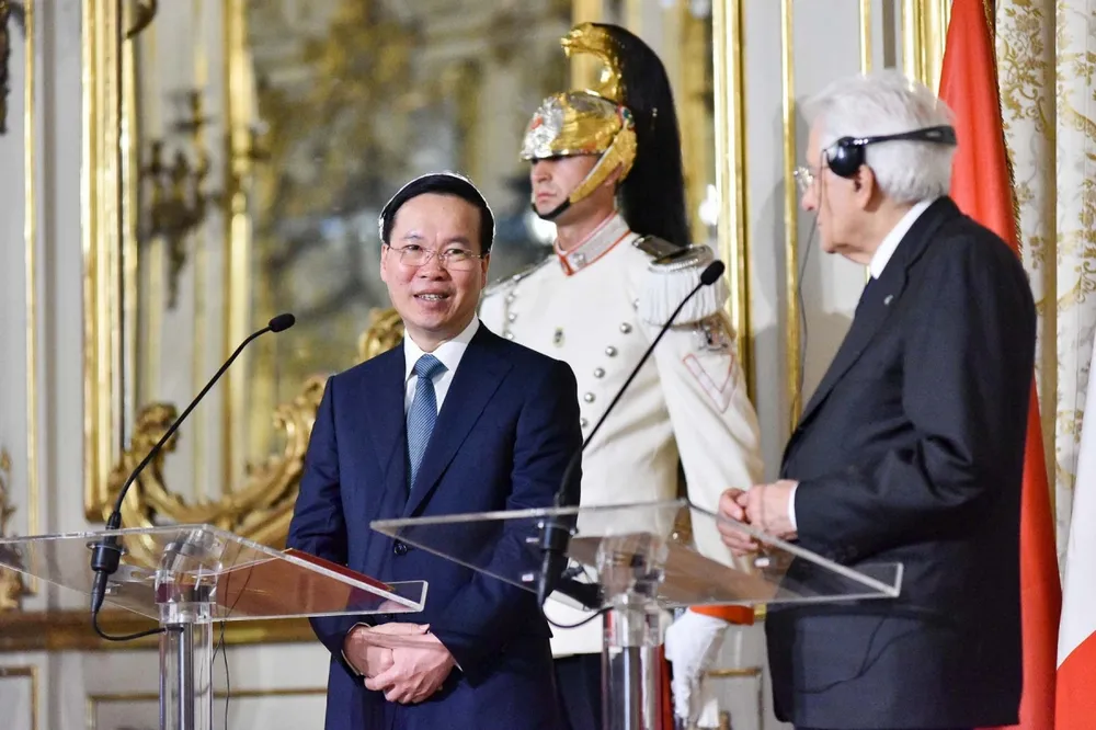 Chủ tịch nước Võ Văn Thưởng và Tổng thống Sergio Mattarella chủ trì họp báo chung. Nguồn: VOV