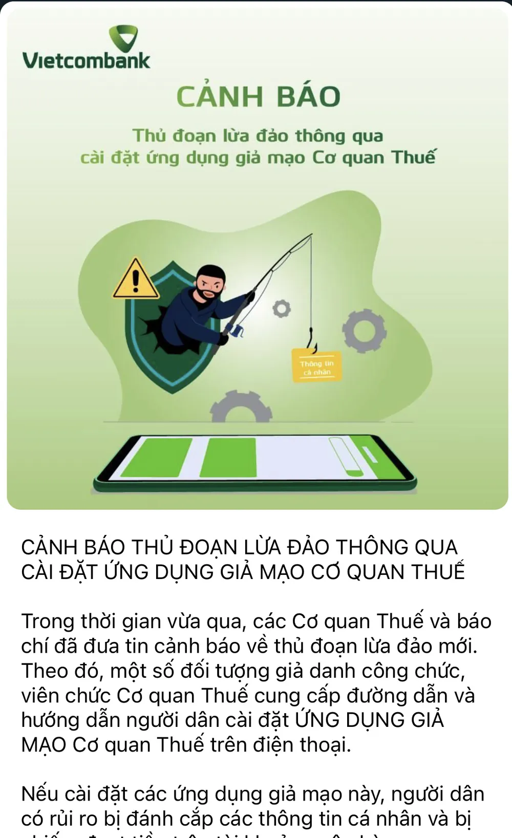 Ngân hàng Vietcombank cảnh báo thủ đoạn lừa đảo qua ứng dụng giả mạo Ngân hàng Vietcombank cảnh báo thủ đoạn lừa đảo qua ứng dụng giả mạo