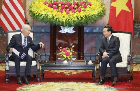 Chủ tịch nước Võ Văn Thưởng và Tổng thống Joe Biden trao đổi tại buổi tiếp. Ảnh: QUANG PHÚC