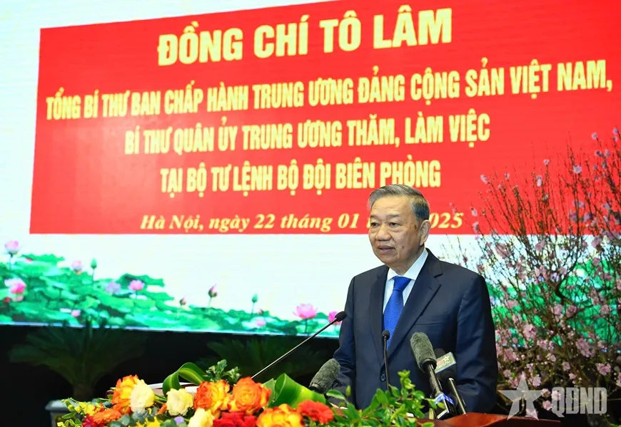 Tổng Bí thư Tô Lâm phát biểu tại buổi thăm, làm việc tại Bộ tư lệnh Bộ đội Biên phòng. Ảnh: Báo Quân đội Nhân dân TL5.jpg