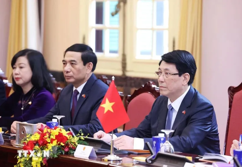 Chủ tịch nước Lương Cường phát biểu tại hội đàm với Tổng thống Pháp Emmanuel Macron. Ảnh: TTXVN phap3.jpeg
