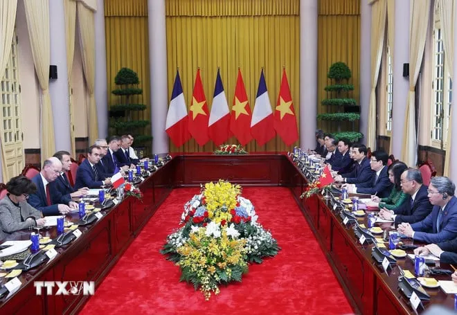 Chủ tịch nước Lương Cường và Tổng thống Pháp Emmanuel Macron hội đàm. Ảnh: TTXVN phap5.jpeg