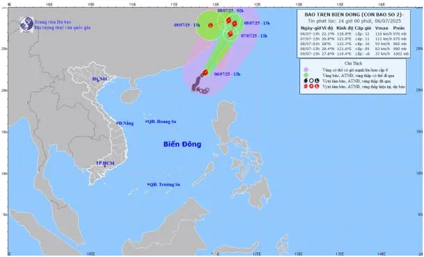Bản đồ dự báo quỹ đạo và cường độ bão số 2 lúc 14 giờ ngày 6-7-2025 bao.jpeg